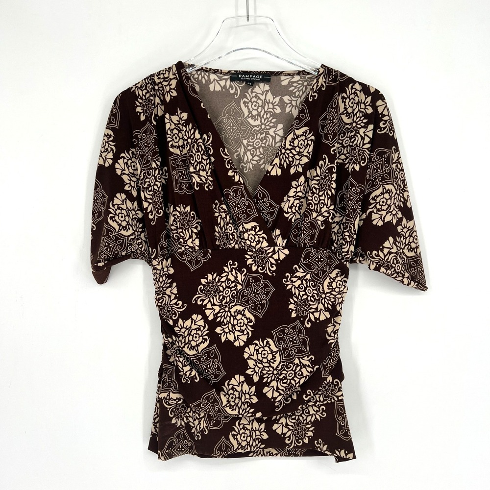 Vtg Rampage Top Womens M Asian‎ Brown Floral Y2K 90s Forest Fairy Boho Milkmaid